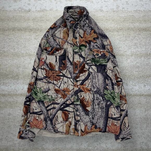Vintage Hunting Camo Button Up Shirt Cotton Long Sleeve Woodland Woodn Trail 90s